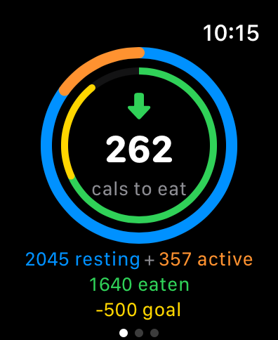 CalBal watch screen showing calories to eat and calorie breakdown